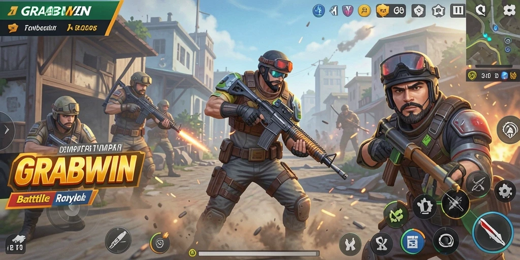 Tampilan gameplay GRABWIN yang seru dalam pertempuran Battle Royale.