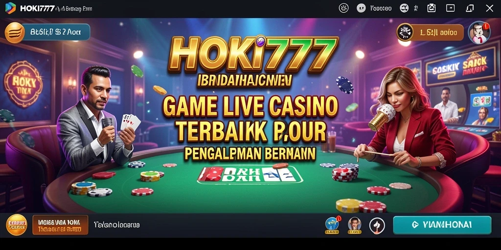 Screenshot gameplay HOKI777 yang menampilkan dealer dan suasana kasino langsung.